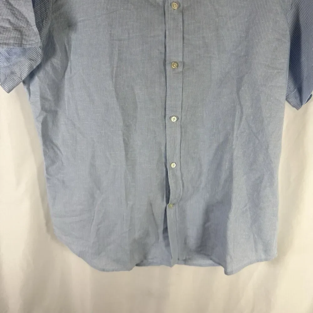 Banana Republic Linen Blend Shirt Men's XL Blue Striped Button Up Short Sleeve
